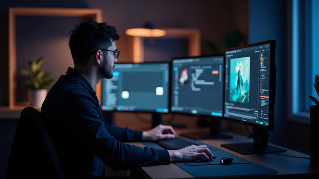 Developer working at desk with multiple monitors showing game development software and dashboard