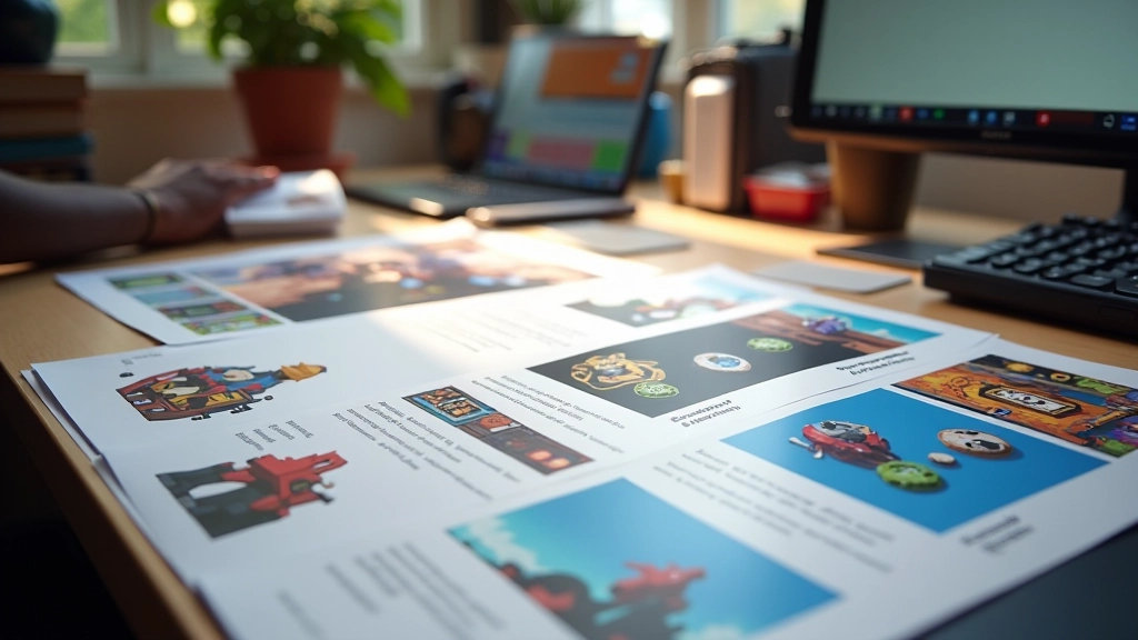 Marketing materials and game promotional assets laid out on workspace with colorful designs