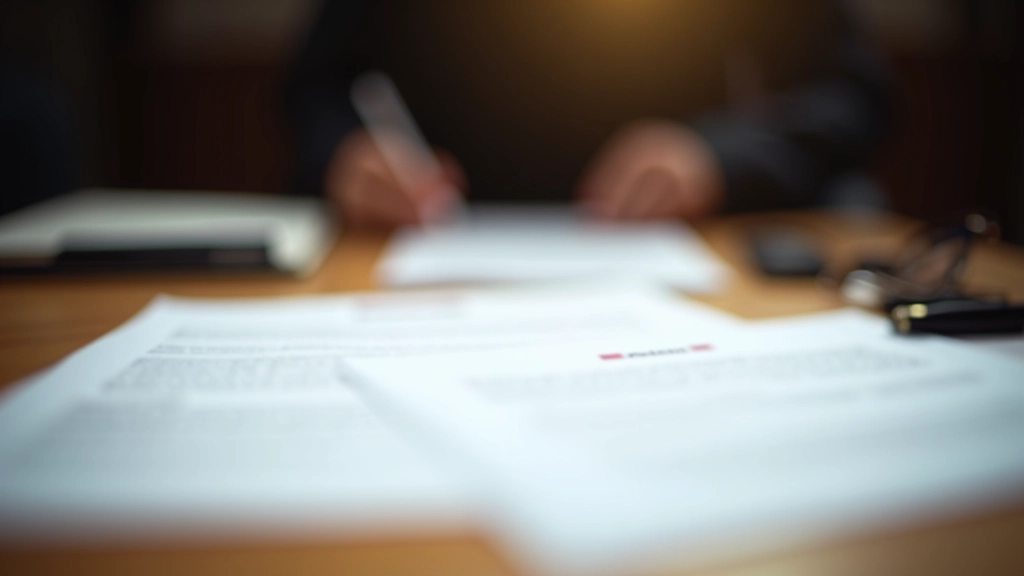 Legal documents and contract papers stacked on office desk with pen and reading glasses